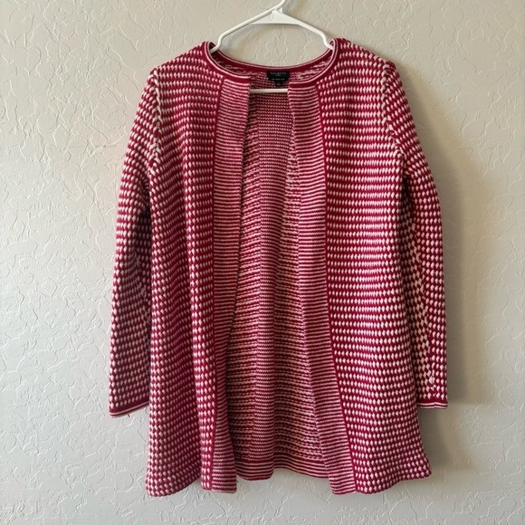 Talbots Woman Red White 100% Merino Wool Long Sleeve Cardigan Open Front Sweater - Picture 3 of 9